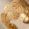 Gold Leaf Cluster Cuff Bracelet — Botanical Stainless Steel Bangle