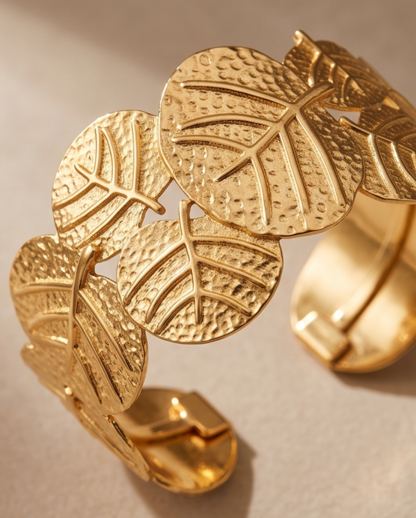 Gold Leaf Cluster Cuff Bracelet — Botanical Stainless Steel Bangle