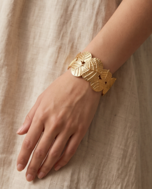 img_1567 Gold Leaf Cluster Cuff Bracelet — Botanical Stainless Steel Bangle