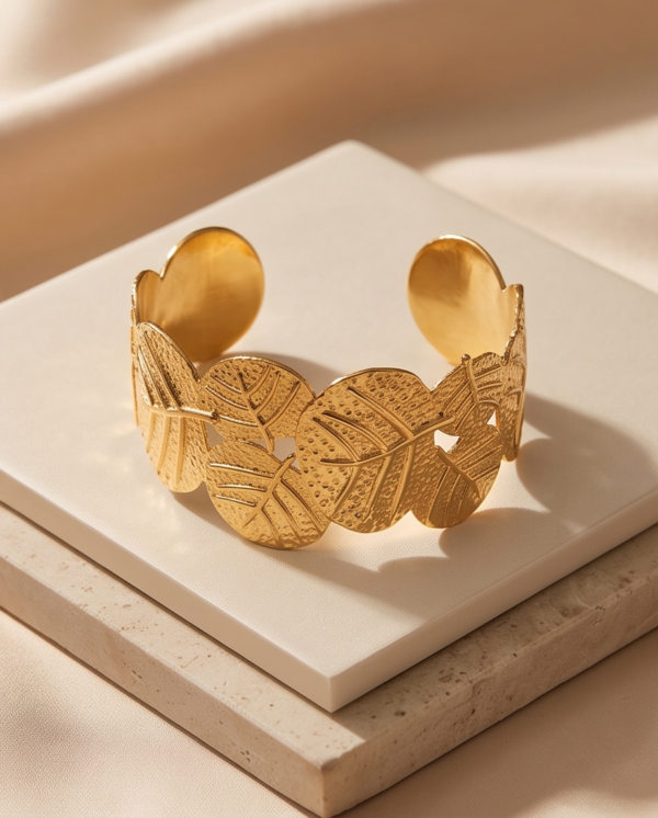 Gold Leaf Cluster Cuff Bracelet — Botanical Stainless Steel Bangle