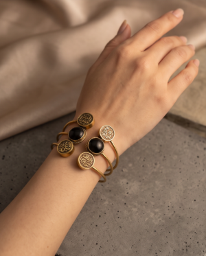 Arabic Coin & Black Stone Copper Cuff - Stacking Bangles