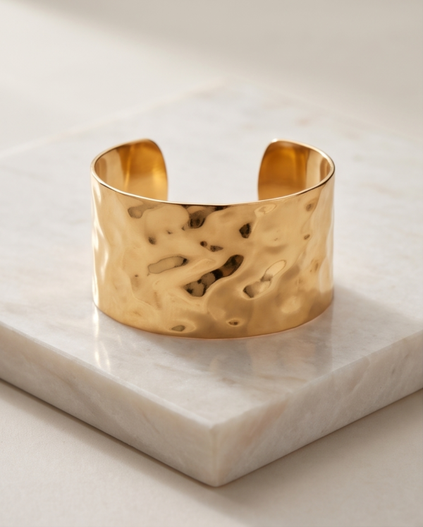 Molten Wave Wide Cuff Bracelet — Polished Gold Stainless Steel Bangle
