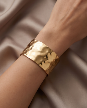 Molten Wave Wide Cuff Bracelet — Polished Gold Stainless Steel Bangle