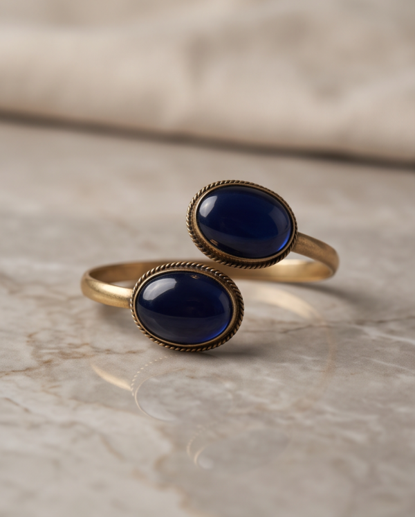 Sapphire Blue Glass Copper Cuff Bracelet — Double Stone Open Bangle