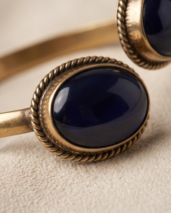 Sapphire Blue Glass Copper Cuff Bracelet — Double Stone Open Bangle