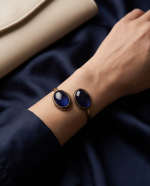 Sapphire Blue Glass Copper Cuff Bracelet — Double Stone Open Bangle