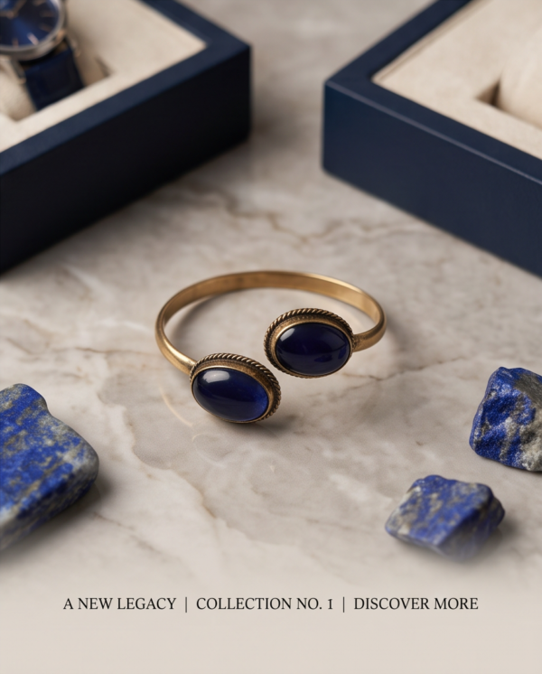 Sapphire Blue Glass Copper Cuff Bracelet — Double Stone Open Bangle