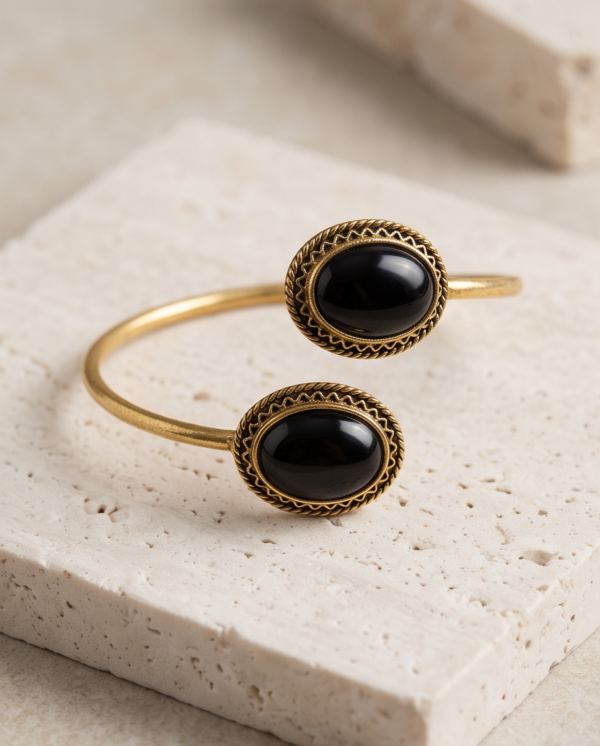 Black Onyx Copper Cuff Bracelet — Double Stone Open Bangle