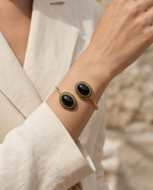 Black Onyx Copper Cuff Bracelet — Double Stone Open Bangle