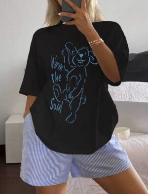 “Warm The Soul” Bear Graphic Pajama Set — Oversized Tee & Striped Shorts