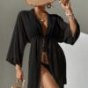 Black Sheer Lace-Trim Kimono Cover-Up — Tie-Waist Beach Robe