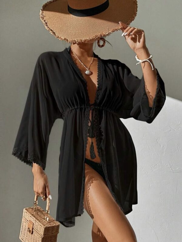 Black Sheer Lace-Trim Kimono Cover-Up — Tie-Waist Beach Robe