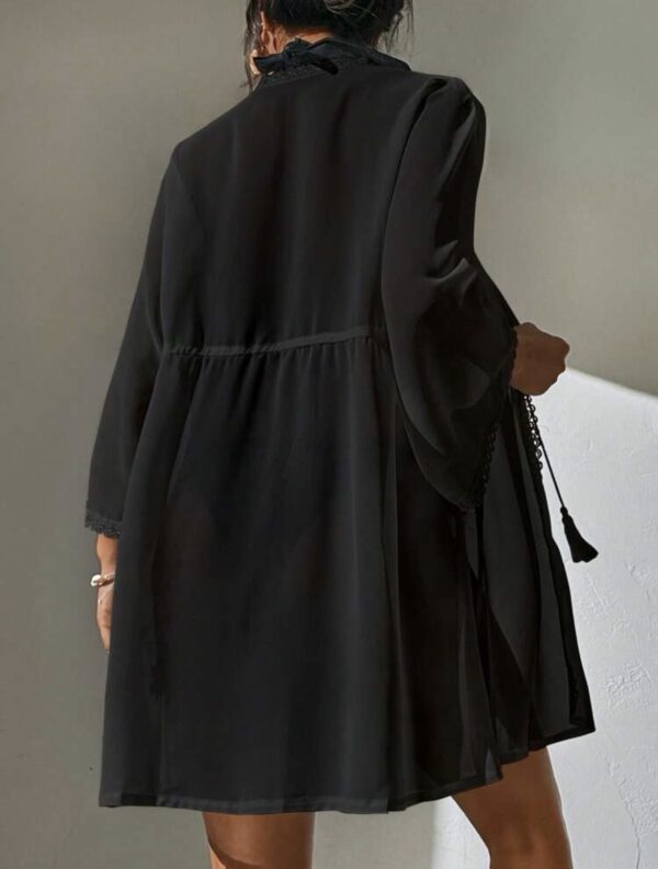 Black Sheer Lace-Trim Kimono Cover-Up — Tie-Waist Beach Robe
