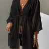 Black Sheer Lace-Trim Kimono Cover-Up — Tie-Waist Beach Robe