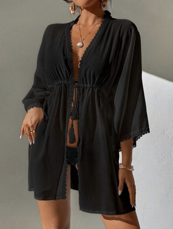 Black Sheer Lace-Trim Kimono Cover-Up — Tie-Waist Beach Robe