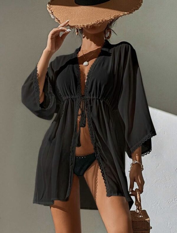 Black Sheer Lace-Trim Kimono Cover-Up — Tie-Waist Beach Robe