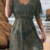 Sage Green Crochet Lace Beach Cover-Up Dress — Cinched Waist V-Neck