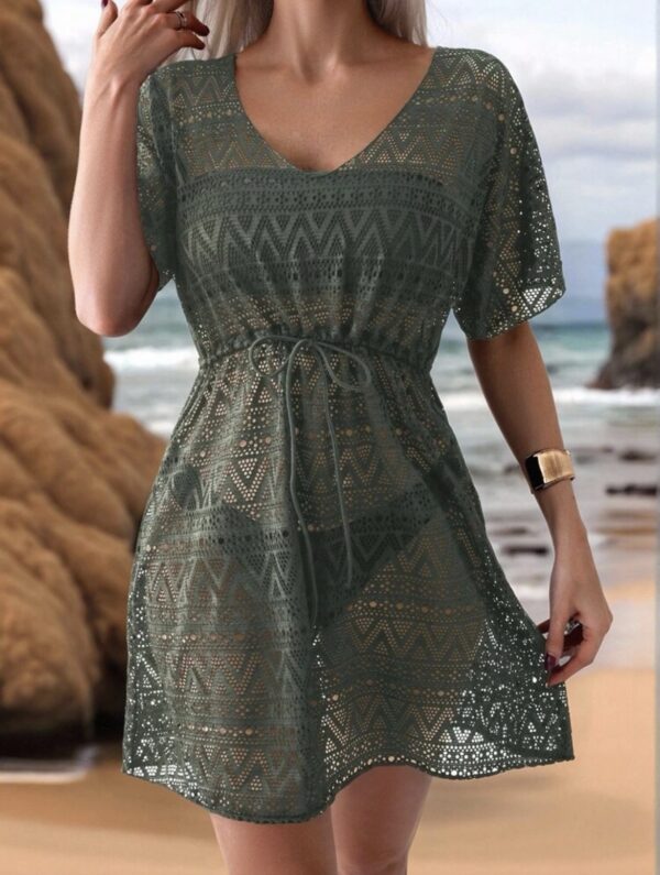 Sage Green Crochet Lace Beach Cover-Up Dress — Cinched Waist V-Neck