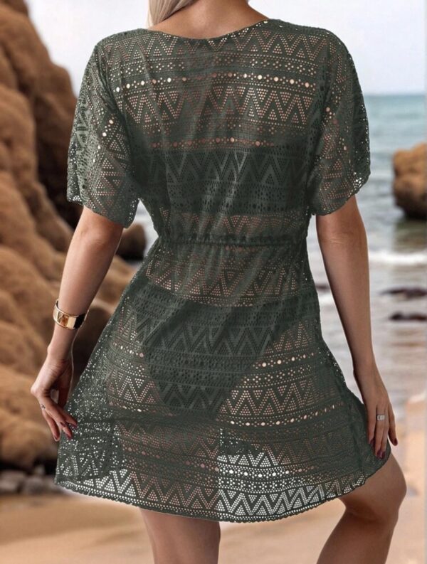 Sage Green Crochet Lace Beach Cover-Up Dress — Cinched Waist V-Neck