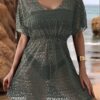 Sage Green Crochet Lace Beach Cover-Up Dress — Cinched Waist V-Neck