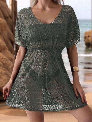 screenshot-102 Sage Green Crochet Lace Beach Cover-Up Dress — Cinched Waist V-Neck