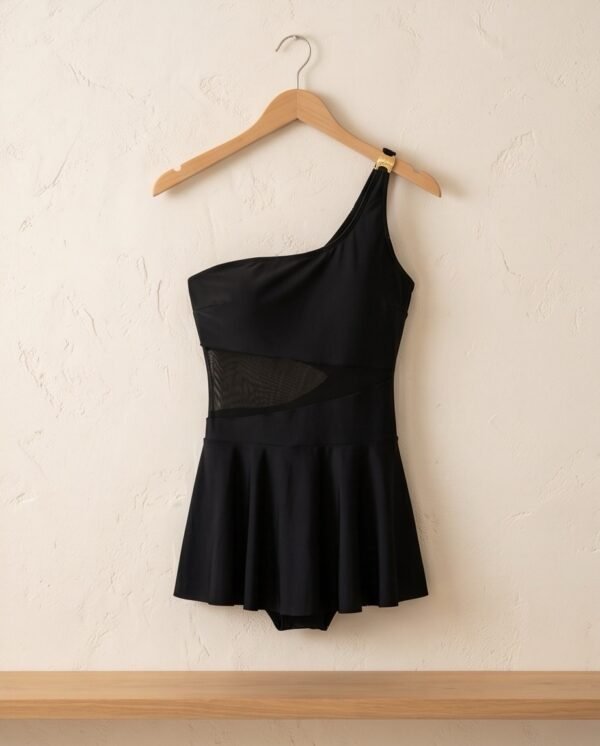 img_3605 Black One-Shoulder Swim Dress – Mesh Waist Detail with Flared Skirt