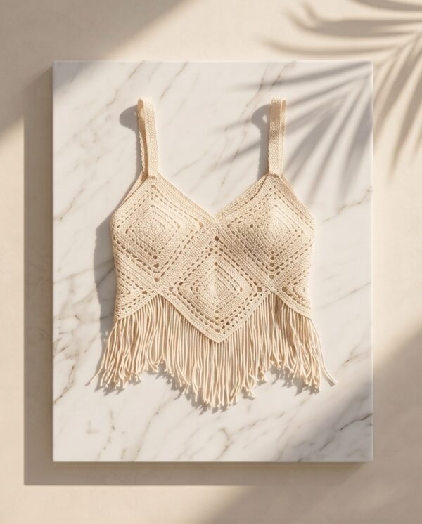 Crochet Fringe Cami Crop Top — Cream Bohemian Beach Top
