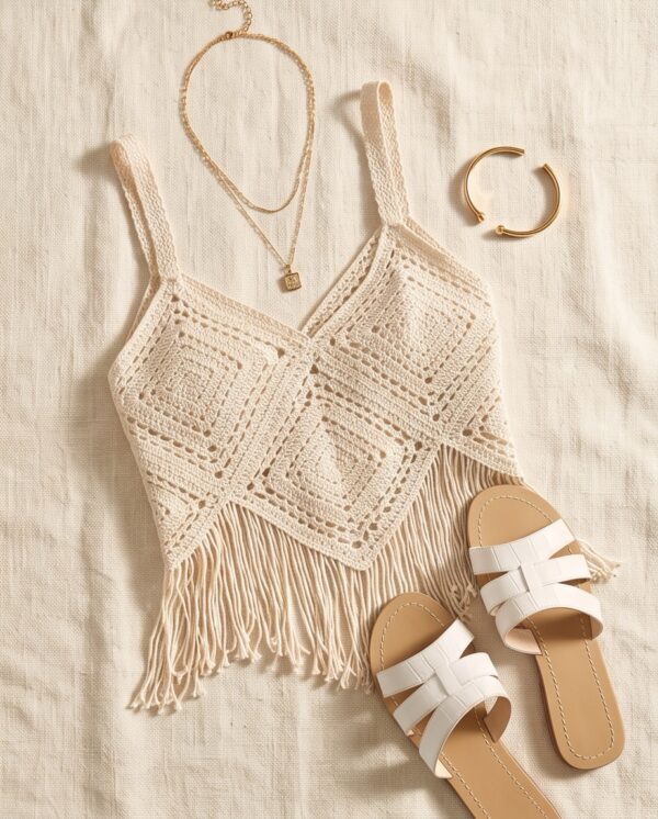 Crochet Fringe Cami Crop Top — Cream Bohemian Beach Top