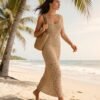 Beige Crochet Knit Maxi Dress – Sheer Boho Beach Cover-Up