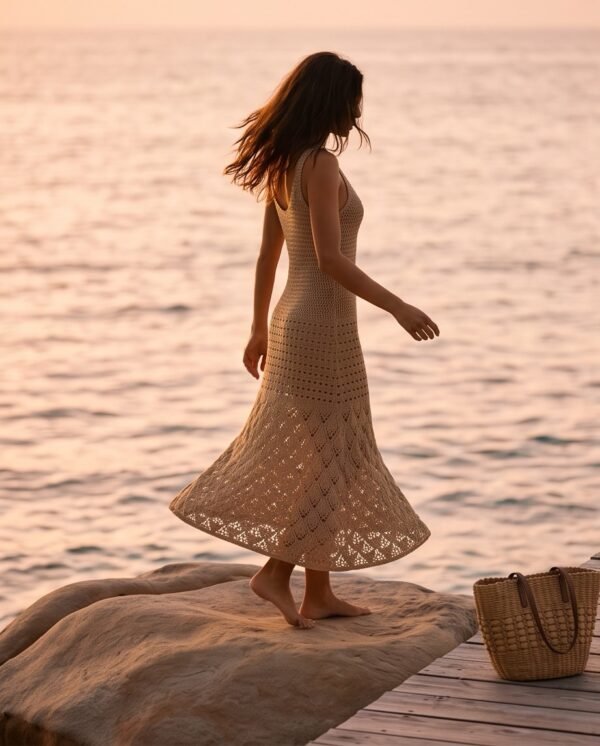 Beige Crochet Knit Maxi Dress – Sheer Boho Beach Cover-Up