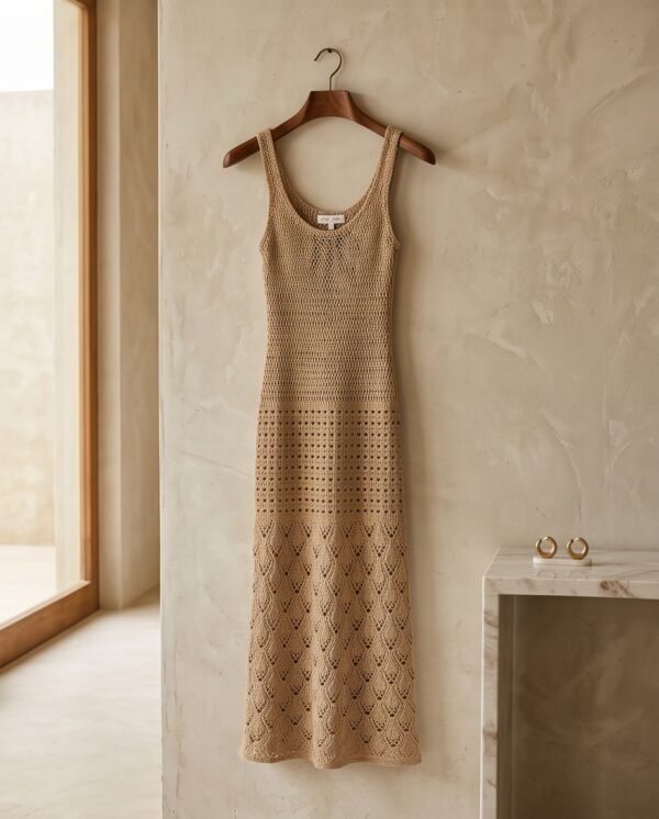 Beige Crochet Knit Maxi Dress – Sheer Boho Beach Cover-Up