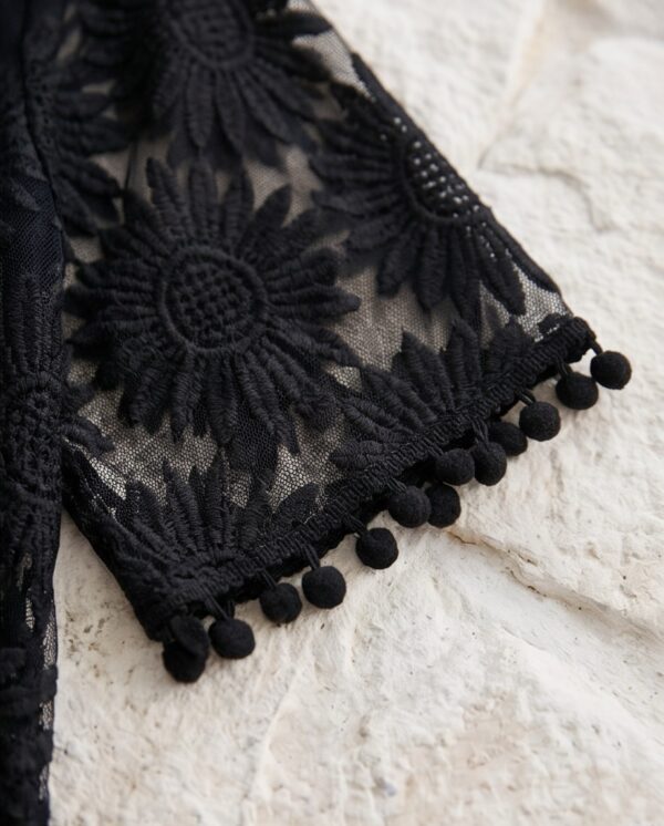 Black Sheer Floral Lace Kimono Cover-Up – Pom-Pom Trim