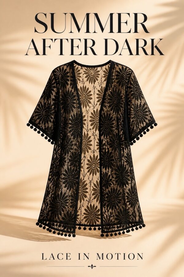 Black Sheer Floral Lace Kimono Cover-Up – Pom-Pom Trim
