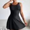 Black Mesh Neck Swim Dress – Ruched Bodice with Flared Skirt