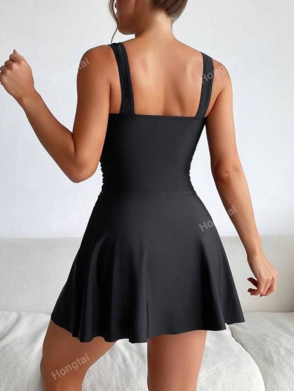 Black Mesh Neck Swim Dress – Ruched Bodice with Flared Skirt