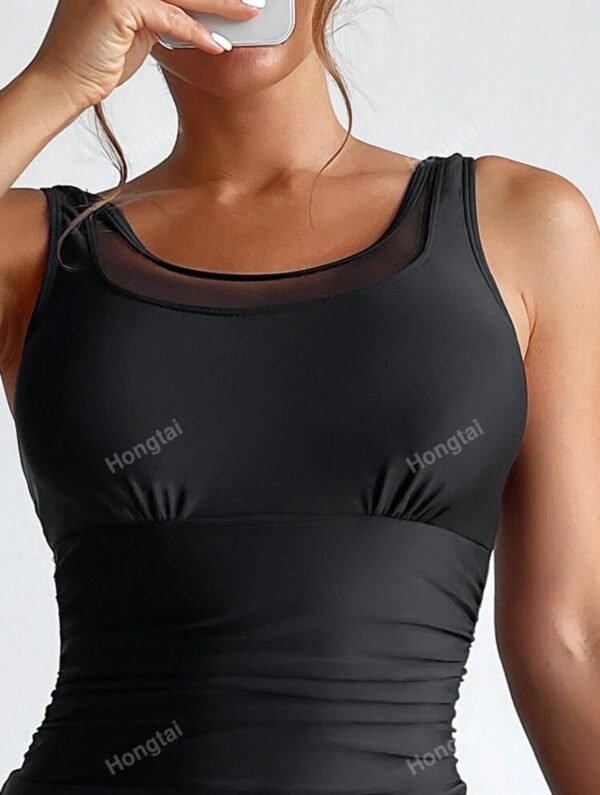 Black Mesh Neck Swim Dress – Ruched Bodice with Flared Skirt