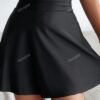 Black Mesh Neck Swim Dress – Ruched Bodice with Flared Skirt