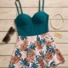 Teal Bustier Swim Dress – Tropical Print Flared Skirt
