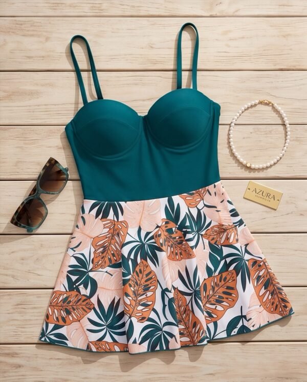 Teal Bustier Swim Dress – Tropical Print Flared Skirt
