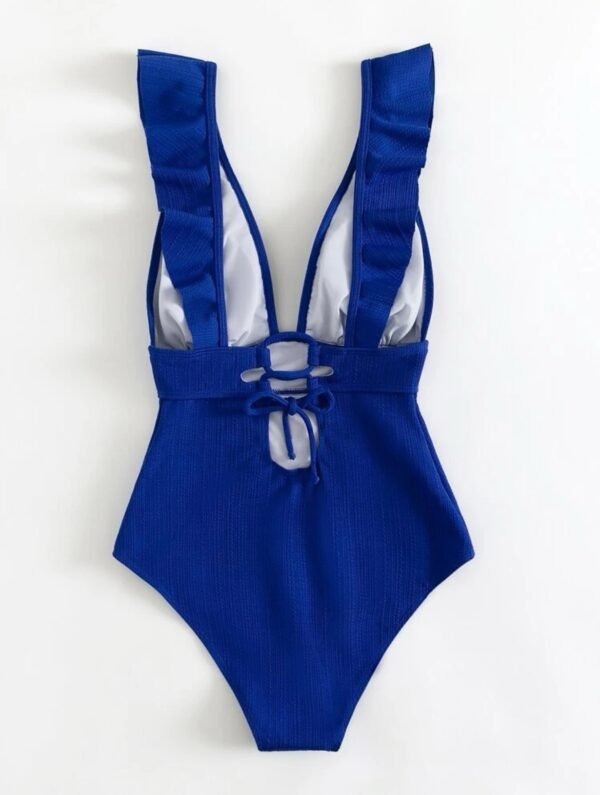 Cobalt Blue Ribbed One-Piece Swimsuit – Ruffle Trim V-Neck