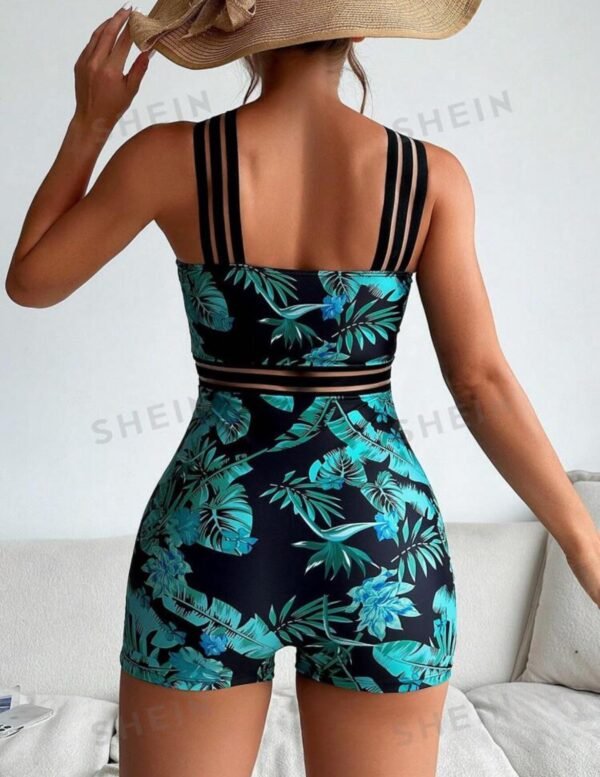 Teal Tropical Print Swim Romper – Asymmetric Crisscross Strap Detail