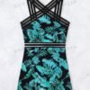 Teal Tropical Print Swim Romper – Asymmetric Crisscross Strap Detail