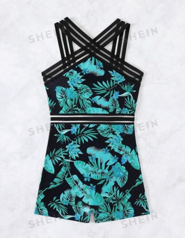 Teal Tropical Print Swim Romper – Asymmetric Crisscross Strap Detail