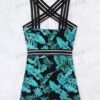 Teal Tropical Print Swim Romper – Asymmetric Crisscross Strap Detail