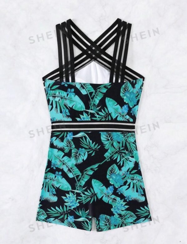 Teal Tropical Print Swim Romper – Asymmetric Crisscross Strap Detail