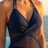 Navy Wrap-Front One-Piece Swimsuit – Halter Neck with Mesh Cutout Detail