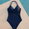 Navy Wrap-Front One-Piece Swimsuit – Halter Neck with Mesh Cutout Detail