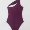 Deep Purple One-Shoulder Ruched Swimsuit – Mesh Waist Detail