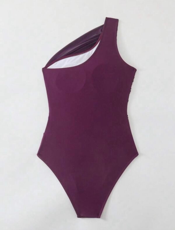 Deep Purple One-Shoulder Ruched Swimsuit – Mesh Waist Detail
