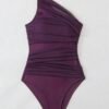 Deep Purple One-Shoulder Ruched Swimsuit – Mesh Waist Detail